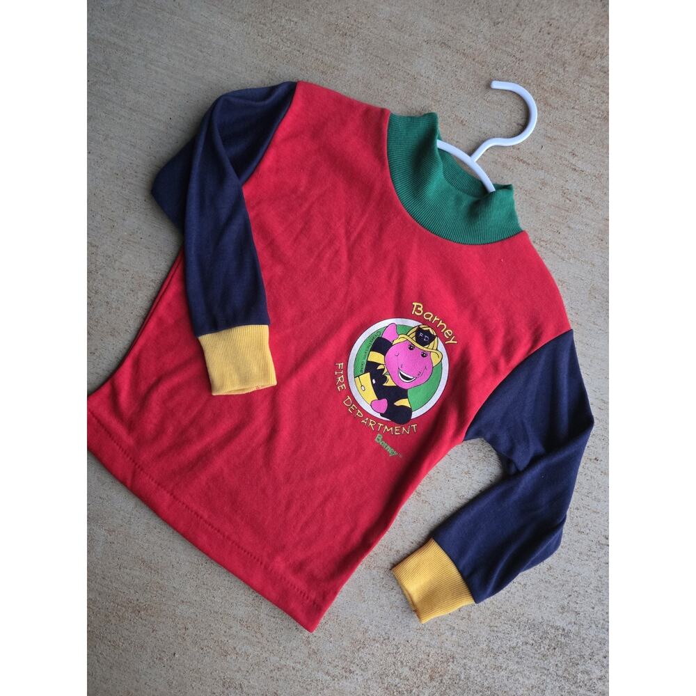 Barney Vintage 1993 Fire Department Toddler Colorblock Long Sleeve T-Shirt 3T